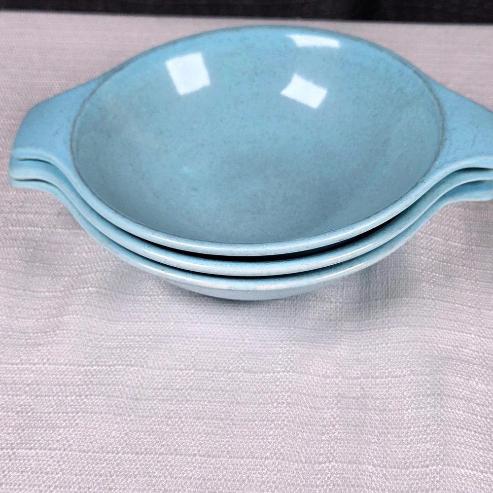 Lot of 3 Vtg Russel Wright American Modern Seafoam Blue Double Lug Soup Bowls 6